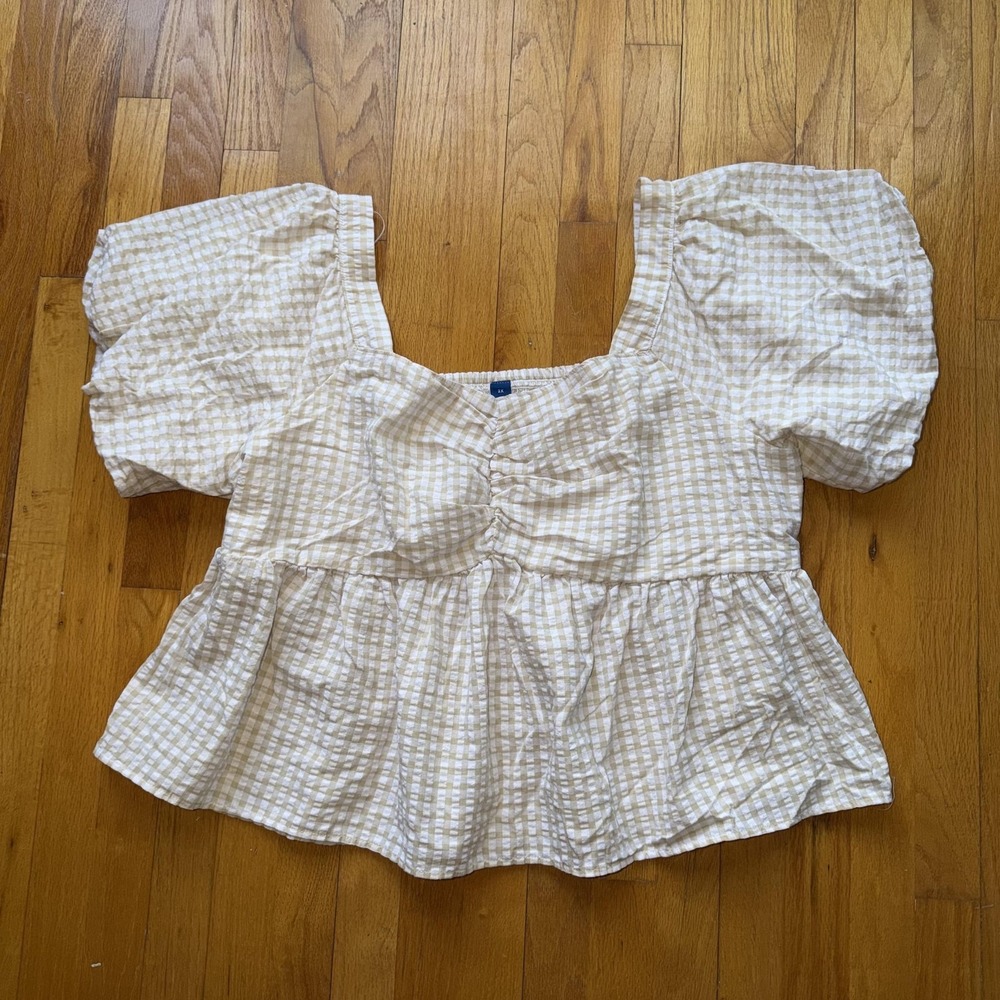 Old Navy Top 3X Beige Gingham Puff Sleeve Square Neck Peplum Cottage Boho Cotton